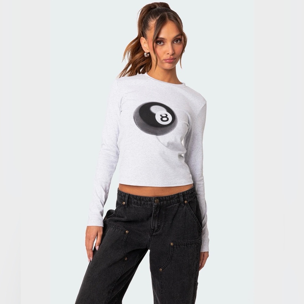 Edikted White 8-Ball Graphic Long Sleeve Top